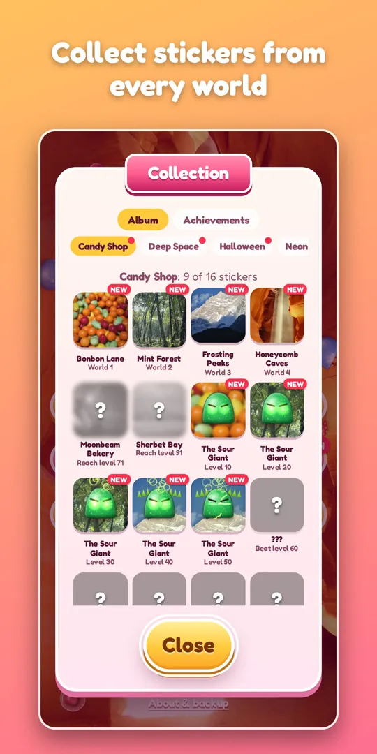 The sticker album: a sticker for every world reached and every boss beaten