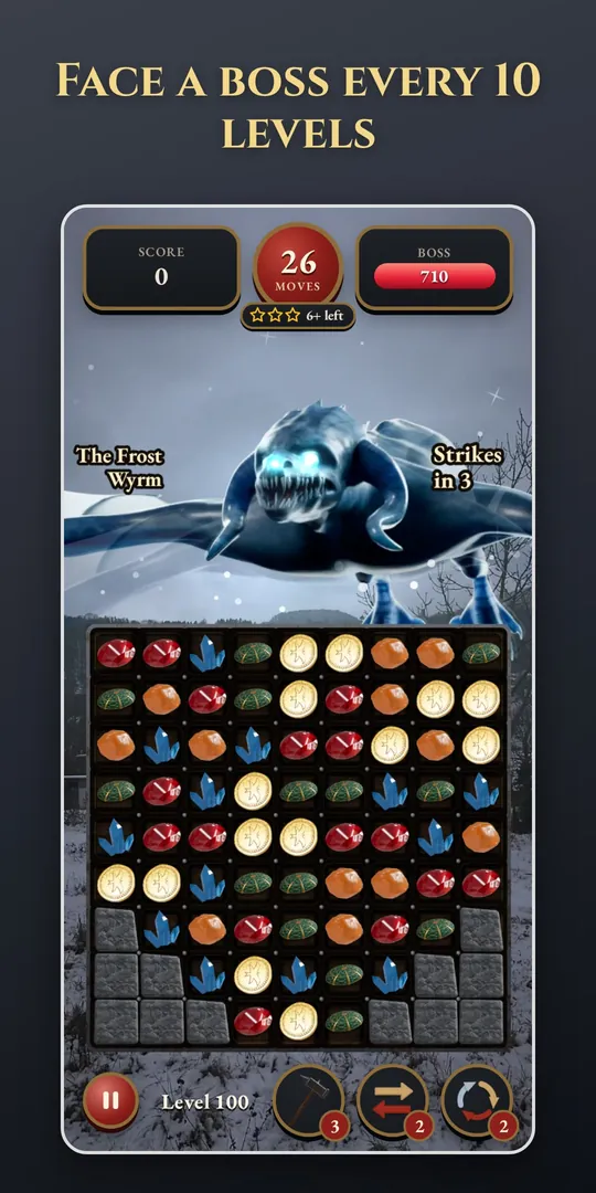 Level 100 in Iron Winter: the Frost Wyrm boss above the board, striking in 3 moves