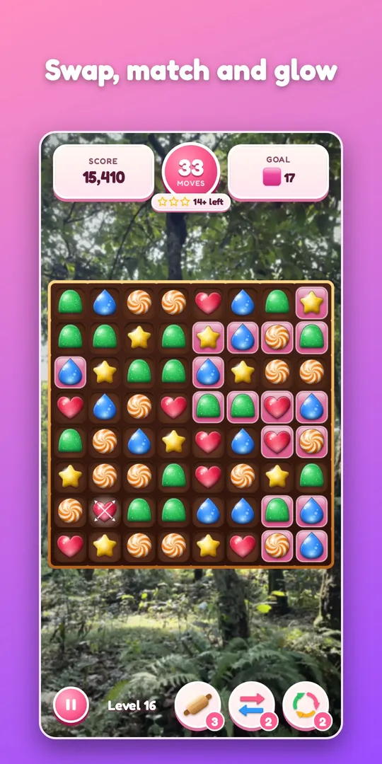 A Candy Shop level: sweets on a board over a photo of a fern forest