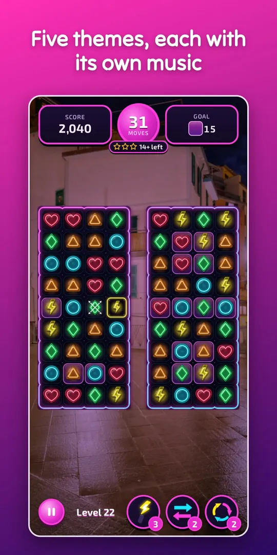 A Neon Night level: glowing neon pieces over a synthwave grid