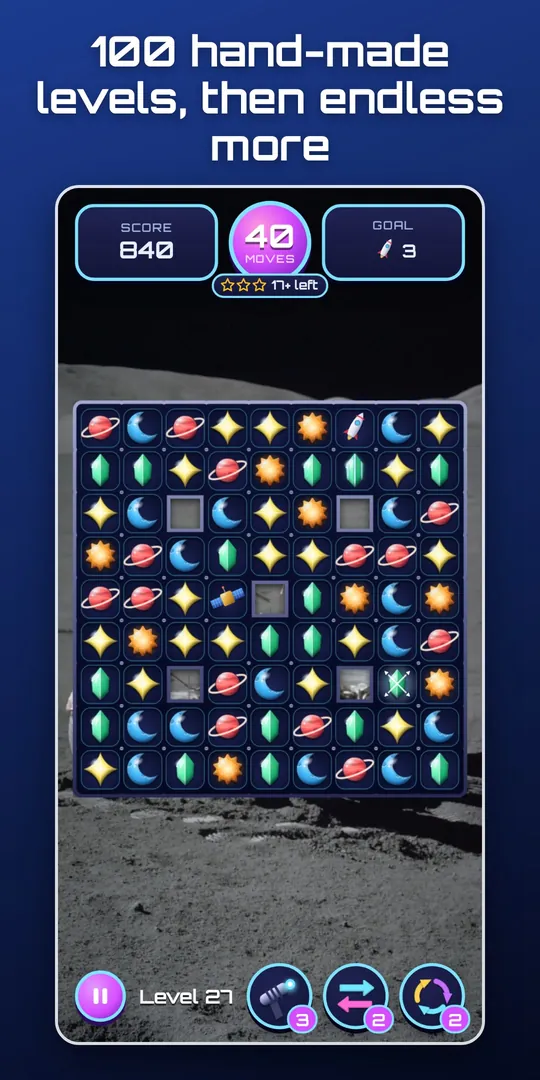 A Deep Space level: planets and moons over a NASA picture
